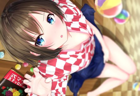 aqua eyes ball blush brown hair candy close japanese clothes mito ichijyo original short hair