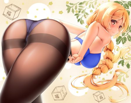 anthropomorphism ass blonde hair blush bra braids etsunami kumita kantai collection long hair minegumo (kancolle) no bra panties pantyhose ponytail red eyes topless underwear