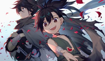 black eyes black hair brown eyes dororo dororo (character) gradient hyakkimaru jpeg artifacts loli long hair male petals ponytail short hair sparrow (xici9527)