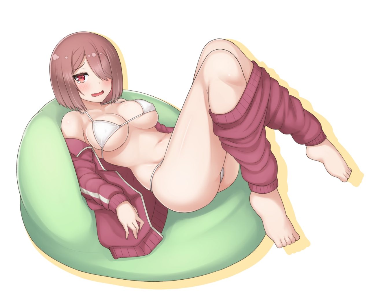 alfort ass barefoot bikini blush breasts brown hair hoshino miyako navel open shirt red eyes short hair swimsuit tears undressing watashi ni tenshi ga maiorita!