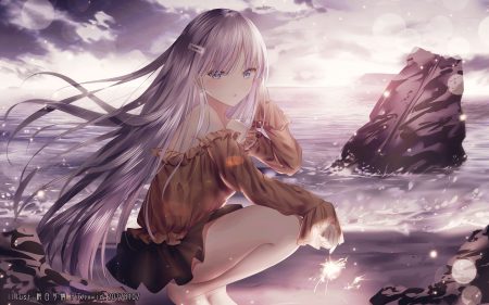 anastasia (fate/grand order) barefoot beach blue eyes blush clouds fate/grand order fate (series) fireworks gray hair junpaku karen long hair skirt sky water watermark