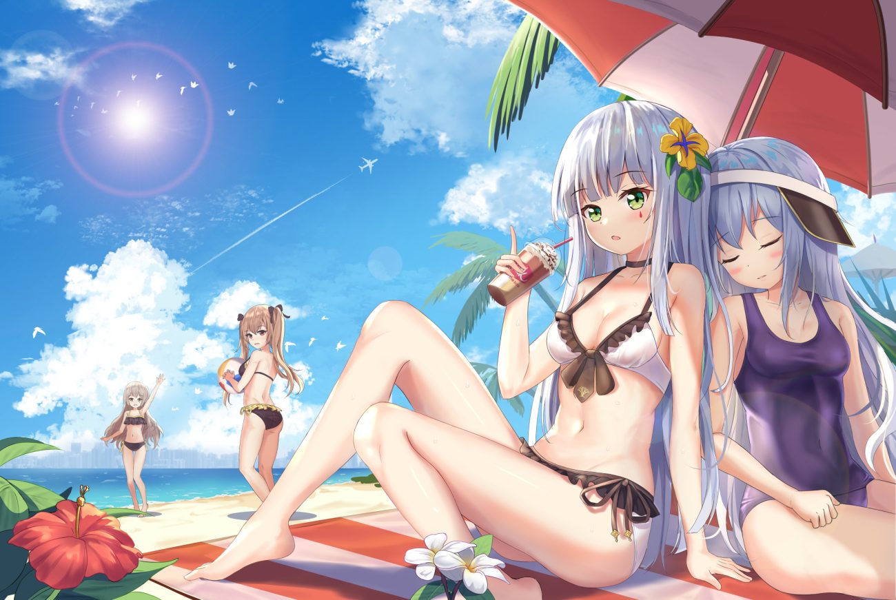 aisuuwan aliasing anthropomorphism ball bikini breasts clouds erect nipples flowers g11 (girls frontline) girls frontline group hk416 (girls frontline) long hair school swimsuit sky sleeping swimsuit ump-45 (girls frontline) ump-9 (girls frontline) water