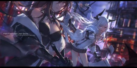 black hair breasts cleavage gray hair group long hair original pixiv fantasia purple eyes sketch skirt swd3e2 watermark wings