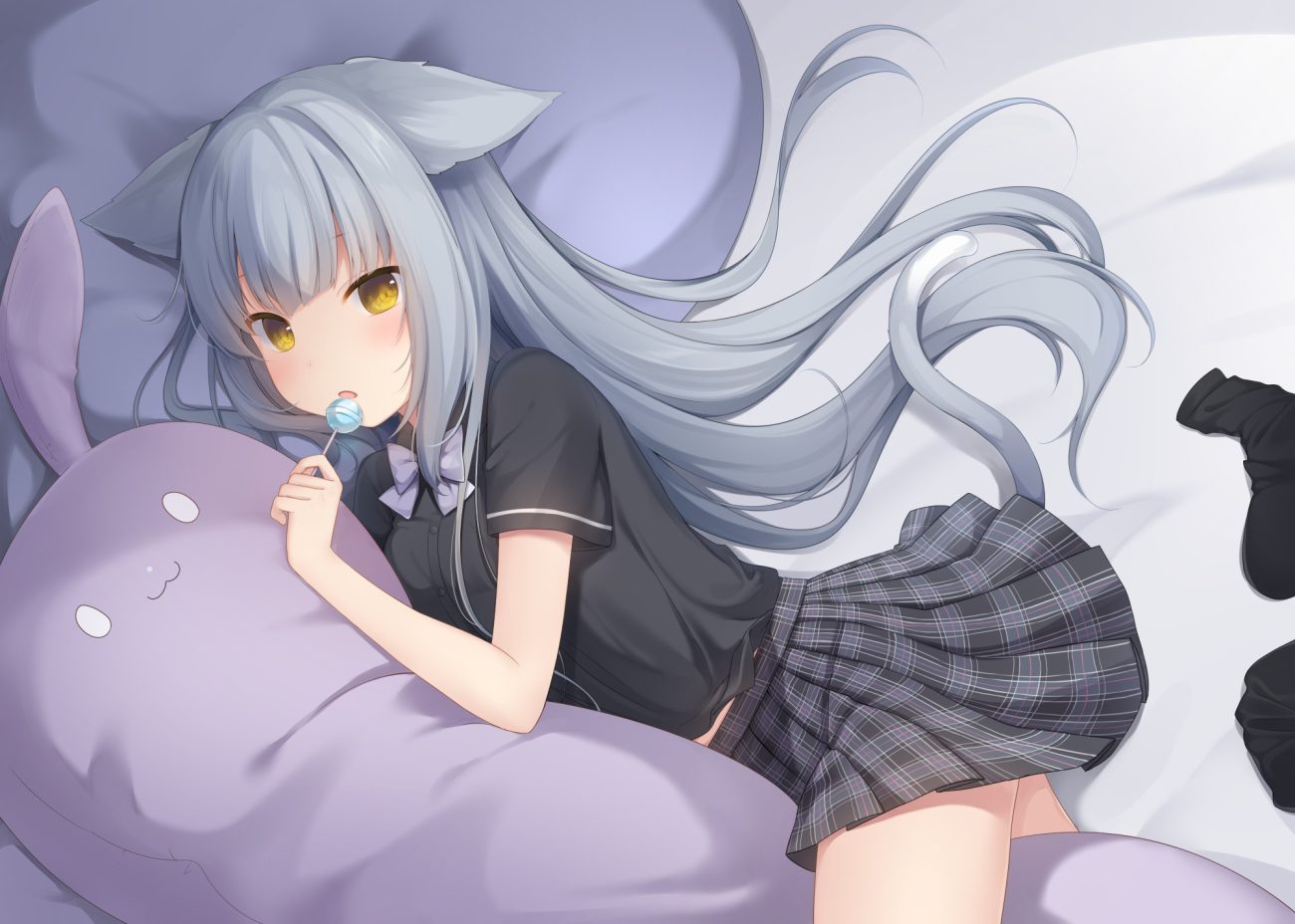 amashiro natsuki animal ears bed blue hair candy catgirl lollipop long hair original school uniform skirt tail yellow eyes