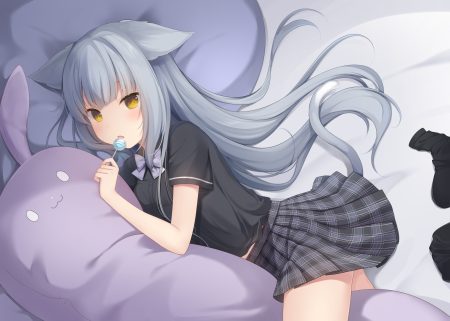 amashiro natsuki animal ears bed blue hair candy catgirl lollipop long hair original school uniform skirt tail yellow eyes