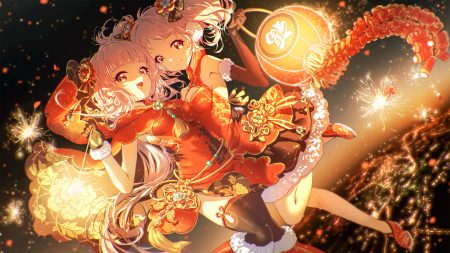 2girls chinese clothes chinese dress dress fireworks gloves kaname madoka lengchan (fu626878068) lolita fashion long hair magia record: mahou shoujo madoka magica gaiden mahou shoujo madoka magica pink eyes pink hair sky tamaki iroha thighhighs twintails