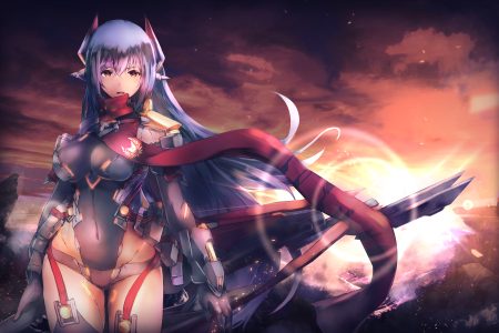 armor blue hair bodysuit breasts clouds elbow gloves garter belt gloves hana (xenoblade) long hair red eyes robot sky sunset techgirl weapon xenoblade yatai