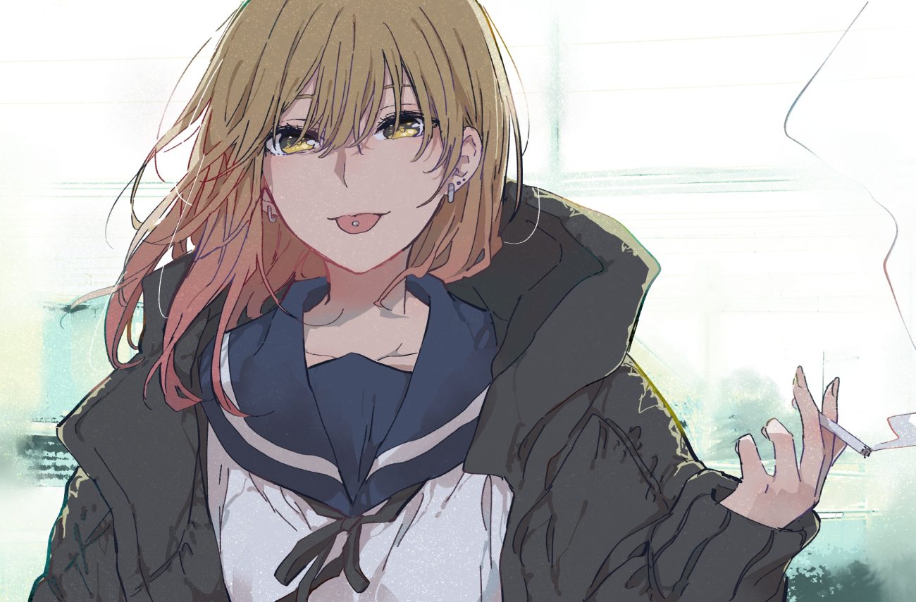 blonde hair cigarette close long hair monsieur original school uniform smoking yellow eyes