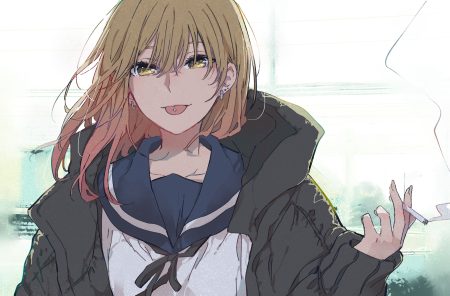 blonde hair cigarette close long hair monsieur original school uniform smoking yellow eyes