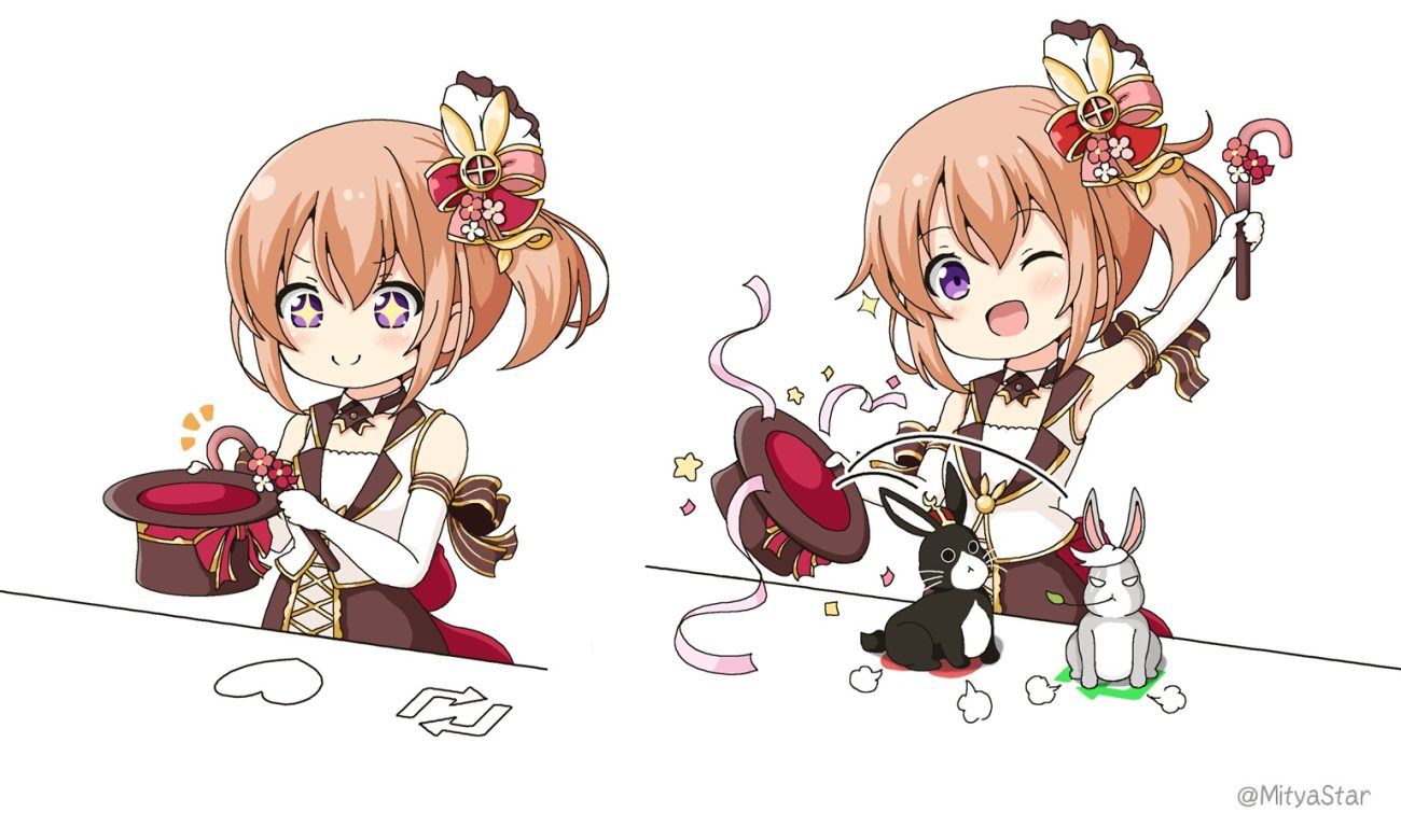 animal anko (gochiusa) blush bongo cat bow brown hair chibi elbow gloves gloves gochuumon wa usagi desu ka? hat hoto cocoa magic miicha parody ponytail purple eyes rabbit short hair skirt waifu2x watermark white wild geese wink