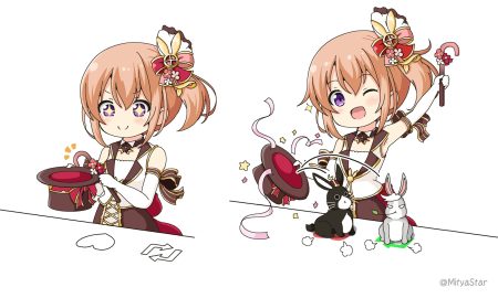 animal anko (gochiusa) blush bongo cat bow brown hair chibi elbow gloves gloves gochuumon wa usagi desu ka? hat hoto cocoa magic miicha parody ponytail purple eyes rabbit short hair skirt waifu2x watermark white wild geese wink