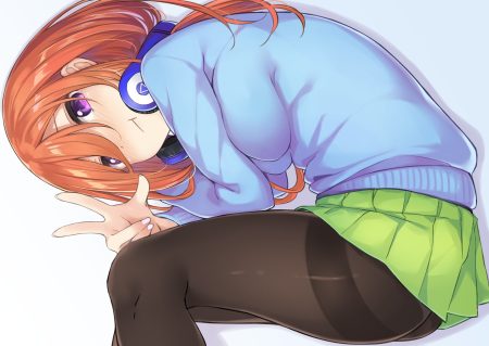 ass blush breasts go-toubun no hanayome headphones long hair nakano miku pantyhose purple eyes red hair school uniform skirt tetora (yumejihuka)