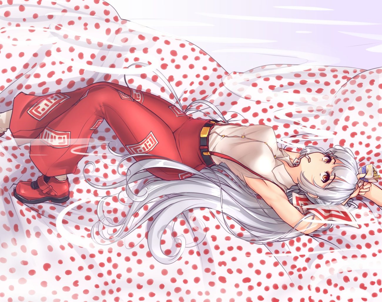 bed breasts cigarette fujiwara no mokou hater long hair red eyes smoking touhou white hair