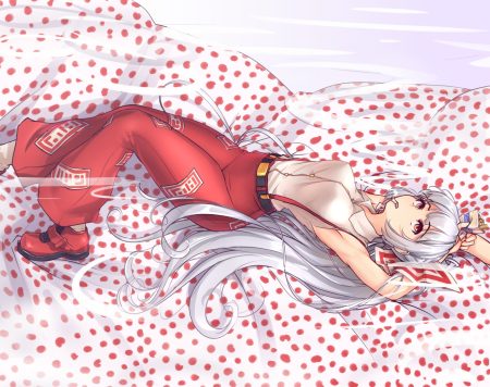 bed breasts cigarette fujiwara no mokou hater long hair red eyes smoking touhou white hair