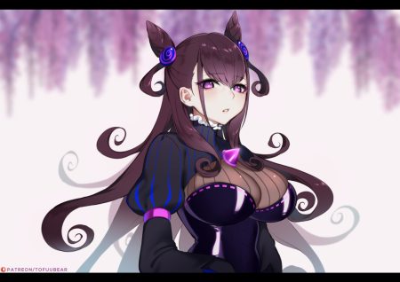 breasts brown hair dress fate/grand order fate (series) flowers long hair murasaki shikibu purple eyes tofuubear watermark