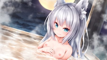 animal ears aqua eyes breasts foxgirl gray hair loli nipples onsen original sorairo len water