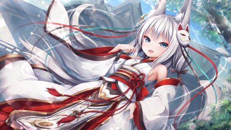 animal ears aqua eyes foxgirl gray hair japanese clothes loli long hair mask miko original shrine sorairo len tail