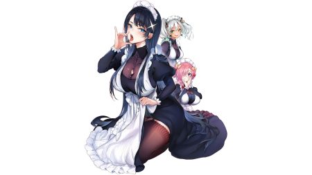 aliasing apron aqua eyes black hair bow braids breasts dress garter belt gray hair green eyes headdress long hair maid original purple eyes pyon-kichi skirt lift stockings twintails white