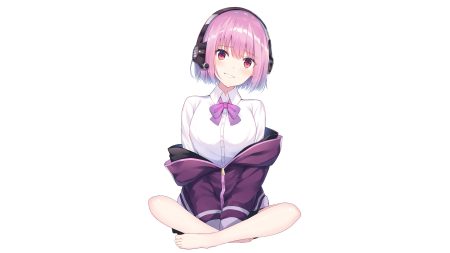 barefoot bow headphones purple eyes purple hair shinjou akane short hair ssss.gridman white yukarite