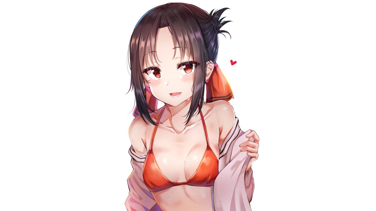 bikini bikini top black hair blush bow breasts kaguya-sama wa kokurasetai ~tensai-tachi no renai zunousen~ red eyes shinomiya kaguya sunhyun swimsuit undressing wet white