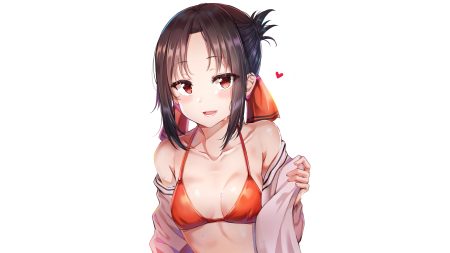bikini bikini top black hair blush bow breasts kaguya-sama wa kokurasetai ~tensai-tachi no renai zunousen~ red eyes shinomiya kaguya sunhyun swimsuit undressing wet white