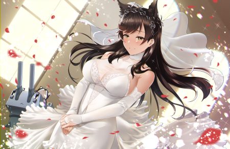 animal animal ears anthropomorphism atago (azur lane) azur lane blush breasts brown hair cleavage dog dress elbow gloves foxgirl gloves kagiyama (clave) long hair petals tiara wedding attire yellow eyes