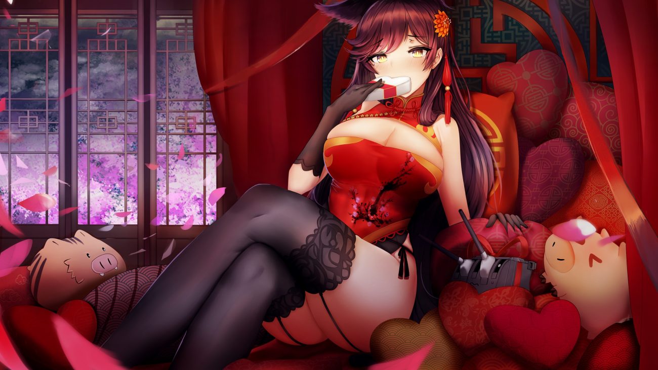 animal animal ears anthropomorphism atago (azur lane) azur lane blush breasts brown hair chinese clothes chinese dress cleavage dress foxgirl garter belt long hair petals piukute062 stockings thighhighs valentine yellow eyes