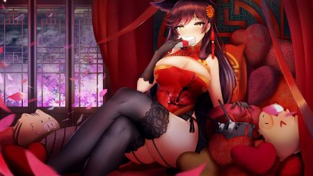 animal animal ears anthropomorphism atago (azur lane) azur lane blush breasts brown hair chinese clothes chinese dress cleavage dress foxgirl garter belt long hair petals piukute062 stockings thighhighs valentine yellow eyes