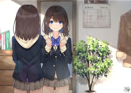 blue eyes bow brown hair miko fly mirror original reflection school uniform short hair signed skirt