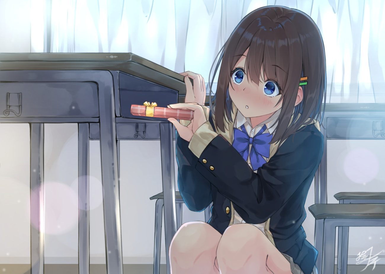 blue eyes blush bow brown hair miko fly original school uniform short hair signed skirt valentine