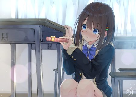 blue eyes blush bow brown hair miko fly original school uniform short hair signed skirt valentine