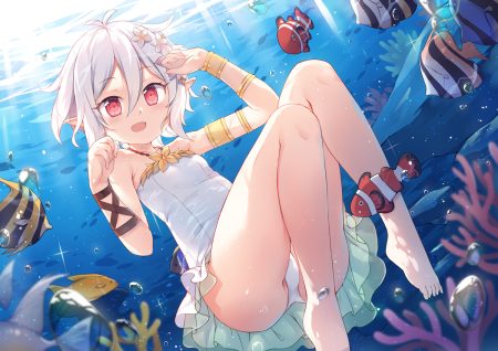 aliasing animal blush fish flat chest fred04142 gray hair natsume kokoro pointed ears princess connect! red eyes short hair swimsuit underwater water wristwear