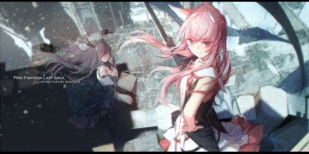2girls animal ears brown hair long hair original pink eyes pink hair pixiv fantasia purple eyes sketch swd3e2 watermark