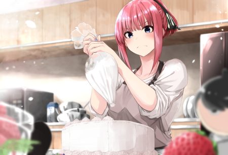 blue eyes blush cake food fruit fuu (fuore) go-toubun no hanayome nakano nino pink hair short hair strawberry