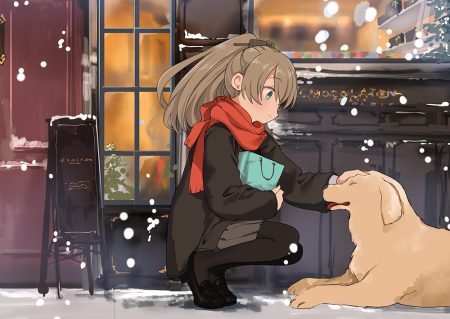 animal anthropomorphism aqua eyes brown hair dog kantai collection kasumi (kancolle) long hair pantyhose ponytail scarf skirt ume (plumblossom)