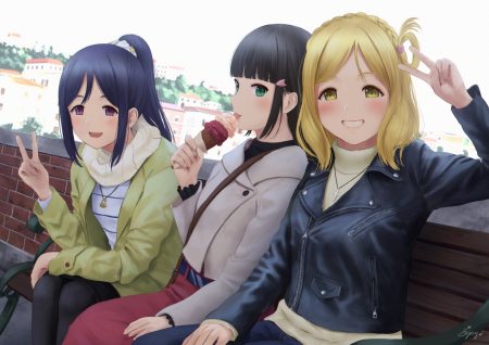 blonde hair blue hair braids building food green eyes ice cream kurosawa dia long hair love live! school idol project love live! sunshine!! matsuura kanan necklace ohara mari pantyhose papi (papiron100) ponytail purple eyes short hair signed yellow eyes