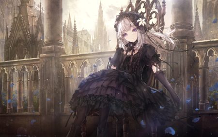 building dress flowers gloves goth-loli gray hair headdress lolita fashion long hair missile228 original petals purple eyes rose stockings