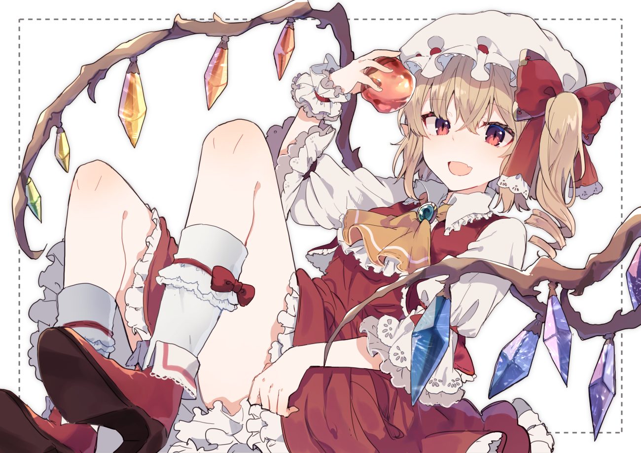 apple blonde hair bow dress fang flandre scarlet food fruit hat ikeuchi tanuma kneehighs ponytail red eyes short hair touhou vampire wings wristwear