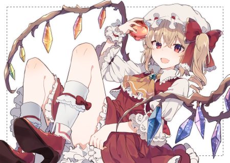 apple blonde hair bow dress fang flandre scarlet food fruit hat ikeuchi tanuma kneehighs ponytail red eyes short hair touhou vampire wings wristwear