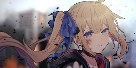 anthropomorphism aqua eyes blonde hair blush bow choker close fal (girls frontline) girls frontline hood ikeuchi tanuma long hair ponytail