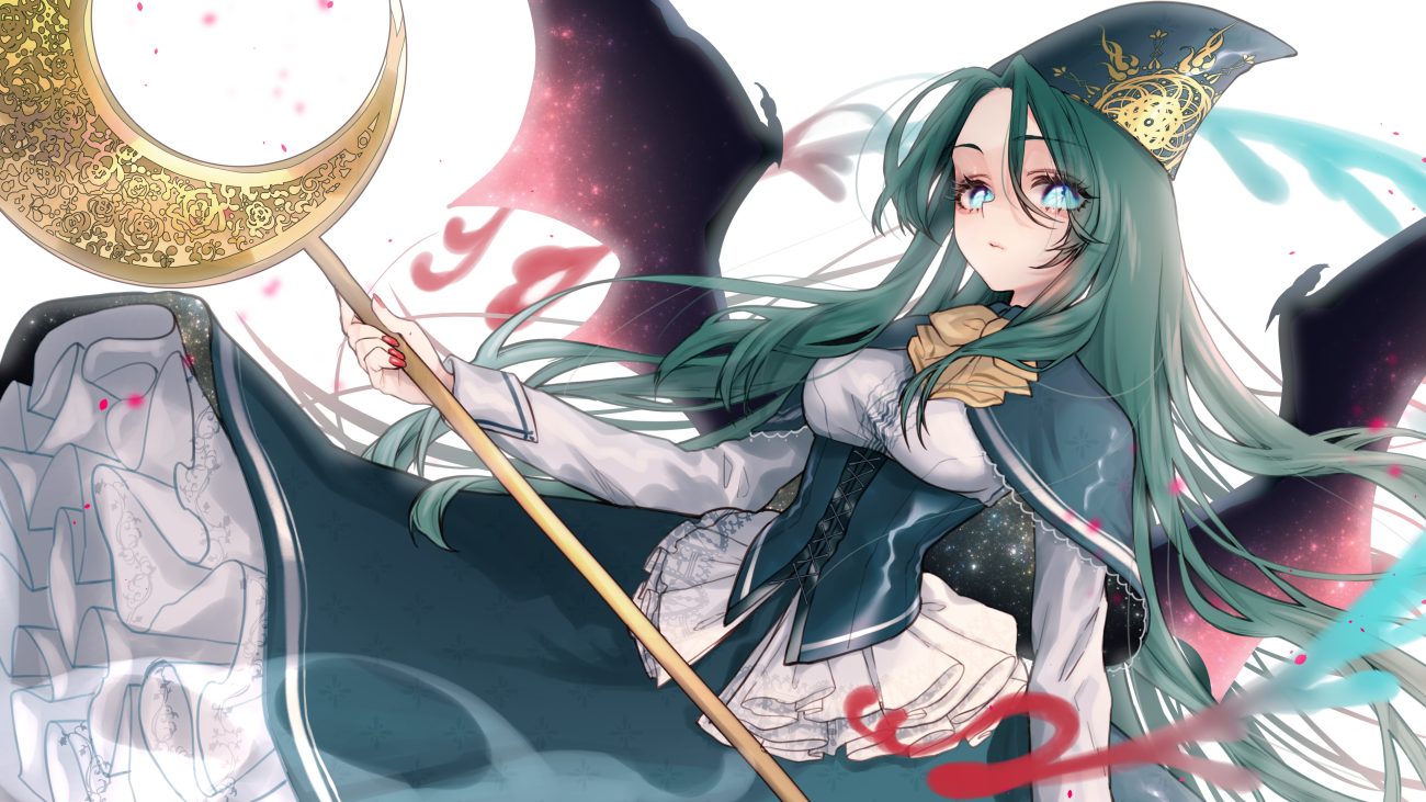 aqua eyes cape corset dress green hair hat lolita fashion long hair mima mokokiyo (asaddr) staff touhou wings