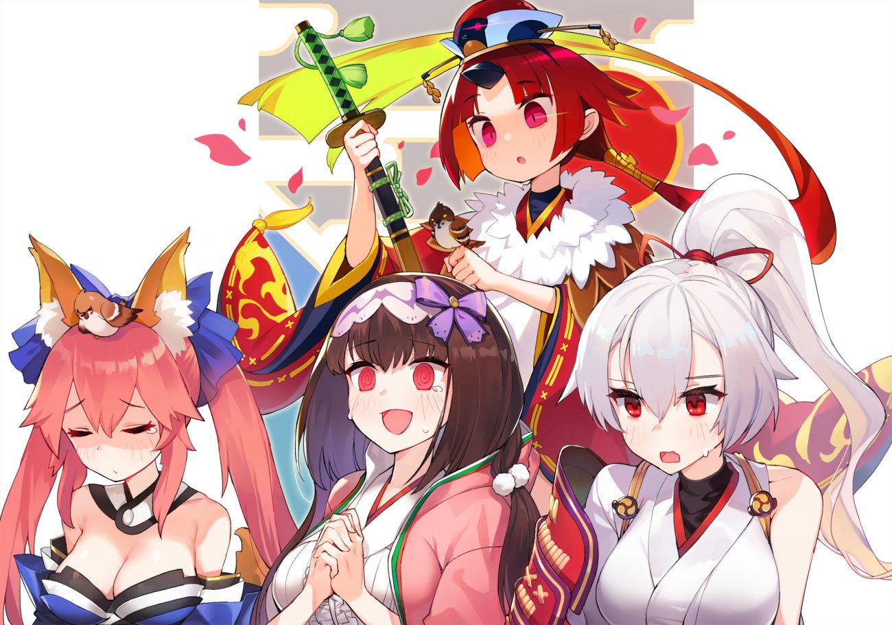 animal animal ears armor benienma bird blush bow breasts brown hair cleavage fate/grand order fate (series) foxgirl group hat headband japanese clothes jehyun katana kimono loli long hair osakabehime petals pink eyes pink hair ponytail red eyes red hair samurai sword tamamo no mae (fate) tears tomoe gozen twintails weapon white hair