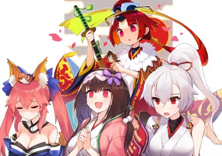 animal animal ears armor benienma bird blush bow breasts brown hair cleavage fate/grand order fate (series) foxgirl group hat headband japanese clothes jehyun katana kimono loli long hair osakabehime petals pink eyes pink hair ponytail red eyes red hair samurai sword tamamo no mae (fate) tears tomoe gozen twintails weapon white hair