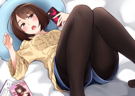 bed blush book brown eyes brown hair kapatarou original phone short hair shorts