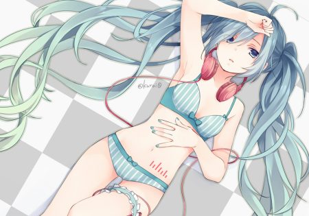 blue eyes blue hair bra garter hatsune miku headphones kuroi (liar-player) long hair navel panties signed striped panties tattoo twintails underwear vocaloid