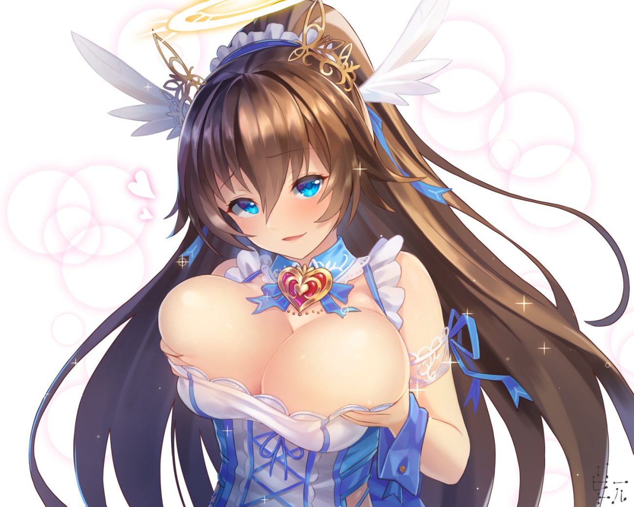 aqua eyes bettle (b s a n) breast hold breasts brown hair cleavage corset halo headdress long hair ponytail ribbons sennen sensou aigis sophie (sennen sensou aigis) watermark white wings