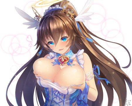 aqua eyes bettle (b s a n) breast hold breasts brown hair cleavage corset halo headdress long hair ponytail ribbons sennen sensou aigis sophie (sennen sensou aigis) watermark white wings