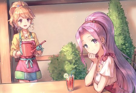 2girls aikatsu! blonde hair blush bow drink gloves hiten (hitenkei) kanzaki mizuki long hair natsuki mikuru pink eyes ponytail purple eyes purple hair scan
