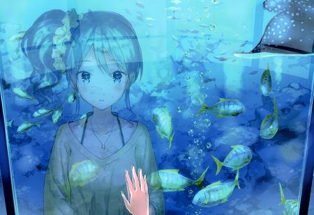 aikatsu! animal blue blue eyes blue hair bubbles fish hiten (hitenkei) kiriya aoi necklace ponytail reflection scan underwater water wristwear