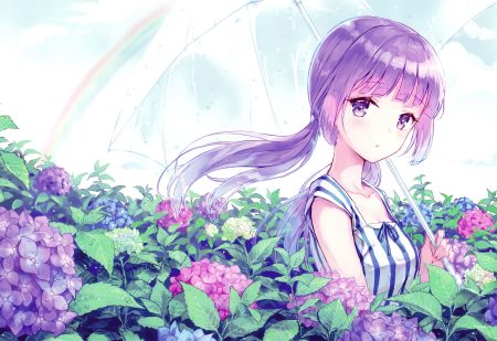 aikatsu! clouds flowers hikami sumire hiten (hitenkei) leaves long hair purple eyes purple hair rainbow scan sky twintails umbrella water wet